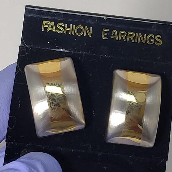 Gold, Silver Dual-Tone Stud Earrings Modern Stripe Design, 0.5x1 Fashion Jewelry - Picture 5 of 8